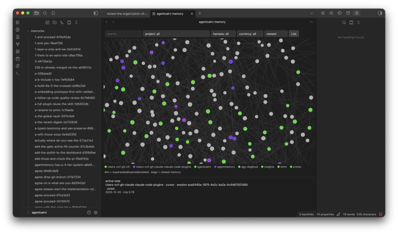 The agentcairn Memory graph in Obsidian — memories wired by related links, colored by project, with a legend and provenance panel