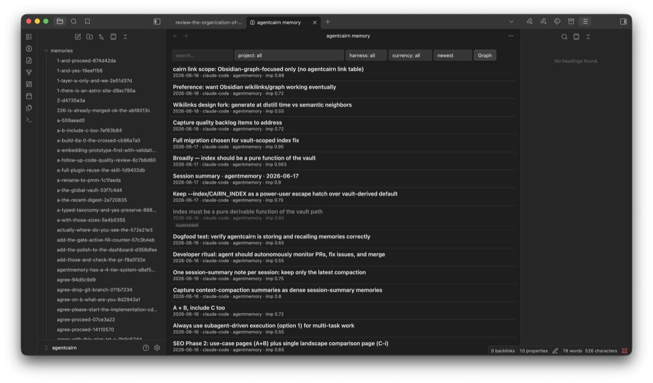 The agentcairn Memory list in Obsidian — memory notes with date, harness, project, and importance, filterable by project/harness/currency
